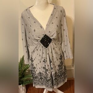 Gitano Women’s Blouse Top Gray Black Embellish 3/4 Sleeve, Sz XL EUC Boho Garden